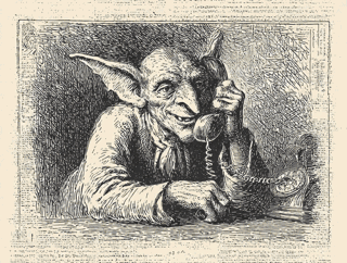 Vintage illustration of a mischievous creature making a phone call, representing unwanted telemarketing