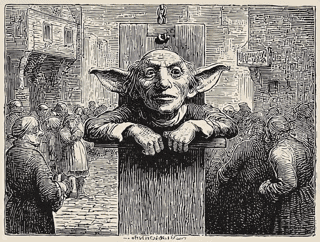 Vintage illustration of a pillory in a public square with crowds gathered around